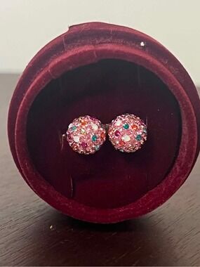 Hillberg & Berk 10mm Pink BDay Cake Sparkle Ball Stud Earrings 925 Silver NIB